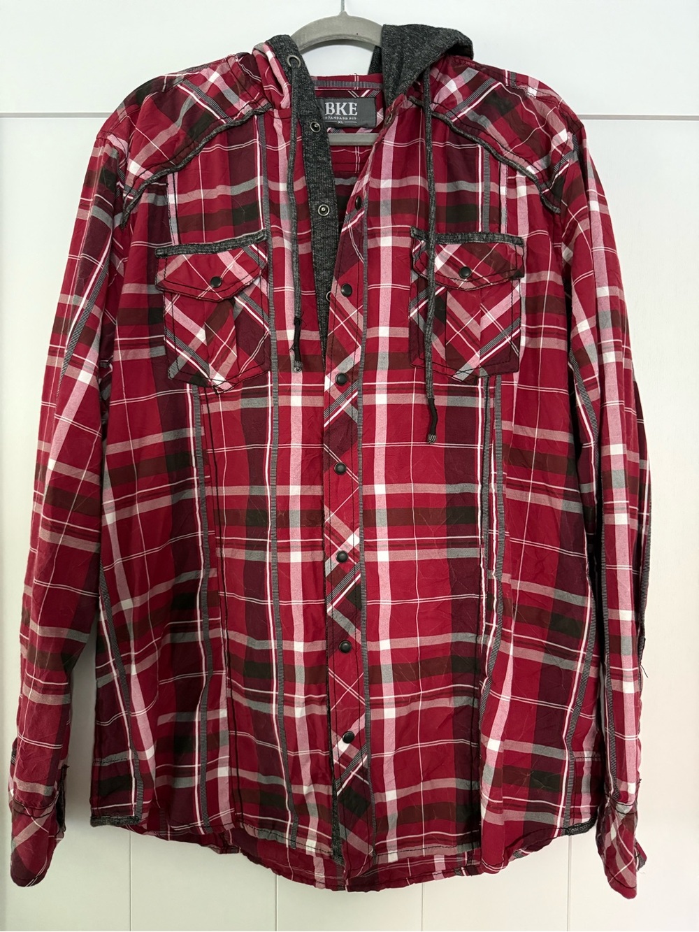BKE Red and White Plaid Hooded Shirt Jacket